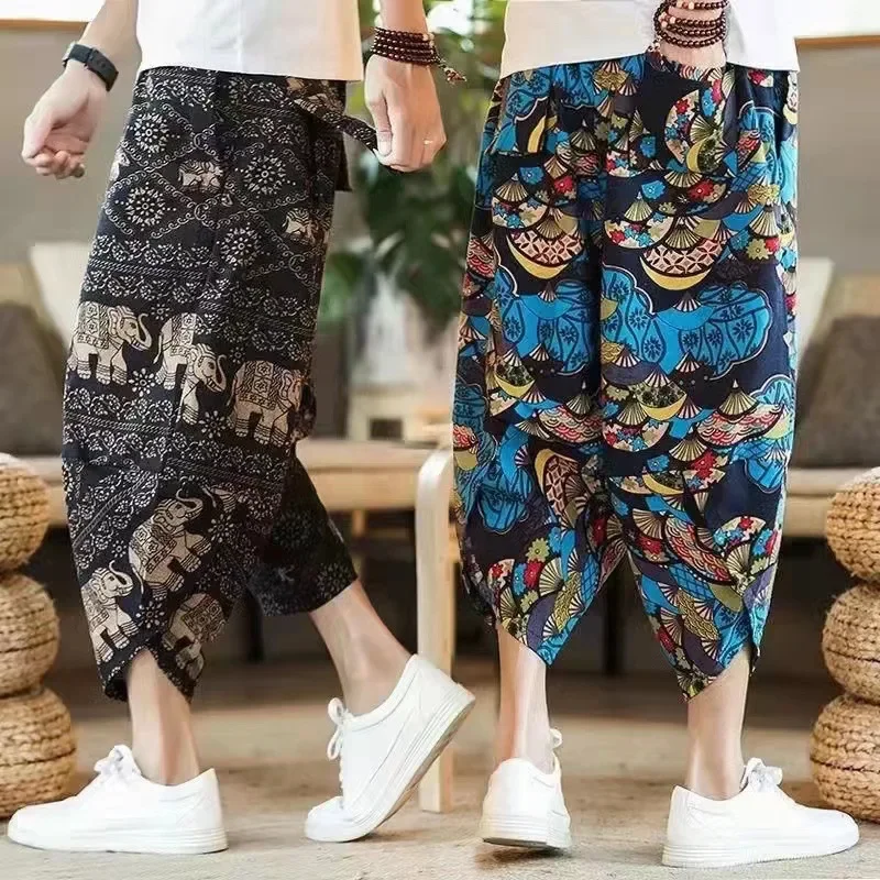 Pantalones tipo farol de estilo étnico chino para hombre, pantalón informal con estampado de zanahoria, pierna ancha, holgado, de algodón y lino, de siete pies, de verano