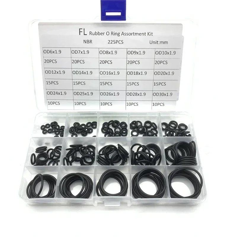 225pcs/Box Rubber O Ring Thickness1.9mm Assortment Black O-Ring Seals Set Nitrile Washers High Quality For Car Gasket 15 Sizes