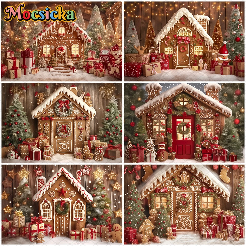 

Mocsicka Christmas Small House Backdrops Photography Gifts Tree Party Baby Photo Studio Background Snow Biscuit Decors Wallpaper