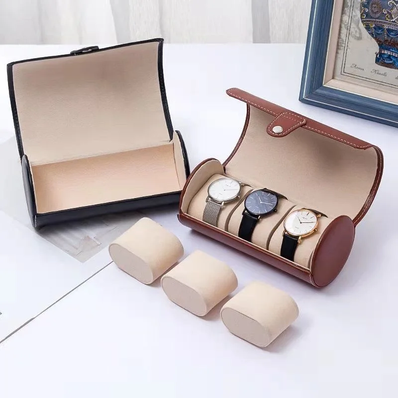 WellZone Black/Brown Color 3 Position  Cylindric PU Leather Watch Protection Case Portable Watch Storage Box