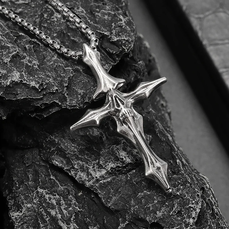 Gothic Skull Grimace Cross Pendant Necklace for Men Personality Punk Christian Exorcism Jewelry
