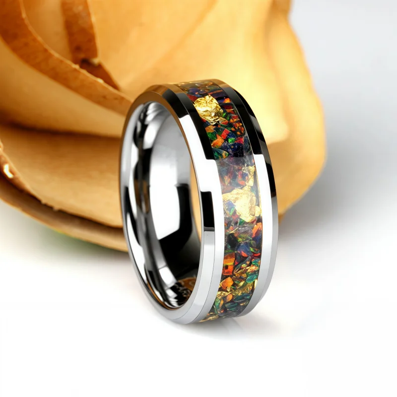 Anillo de boda Vintage de ópalo Artificial arcoíris de 8mm, anillo de pedido de acero inoxidable negro para hombres y mujeres, regalo de promesa