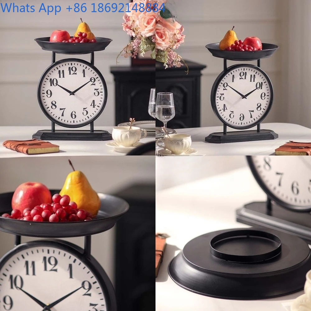 Industrial Style Metal Wall Clock with Matte Black Tray Stand Decorative Multi Tier Fruit Bowl for Home Office Decoration