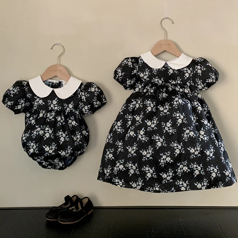 Autumn Infant Clothes Sister Look Black Flowers Embroidery Baby Girl Petal Collar Romper Elegant Princess Birthday Party Dress