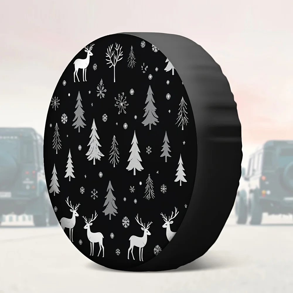 1pc Christmas Reindeer & Snowflake Tire Cover - 2D Flat Print Universal Fit Black Fabric Holiday Decoration For School Parking L