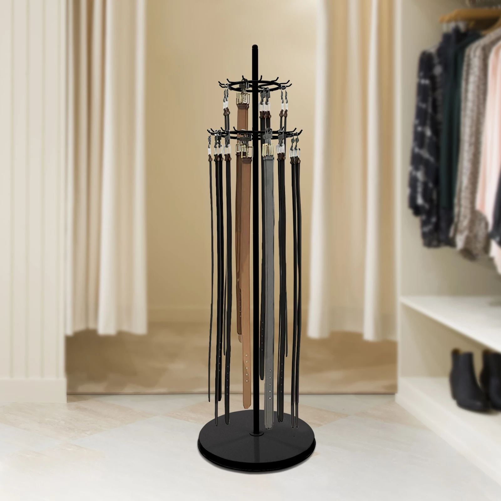 Rak Display Sabuk Logam 2 Lapis Hitam, Rak Penyimpanan Berkapasitas Besar yang Berdiri di Lantai, Rak dengan Daya Tahan Beban Tinggi