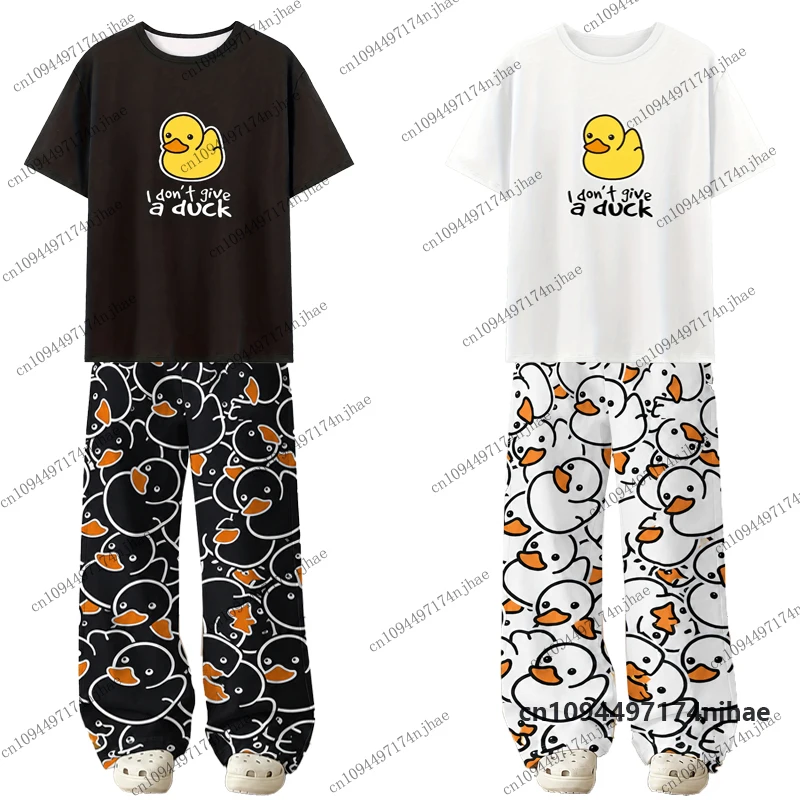 Women’s Tracksuit Cartoon Yellow Duck Print Short Sleeve T-Shirt+Pajamas Sets Casual Home Suit Couple Clothes 2 Piece Outfits