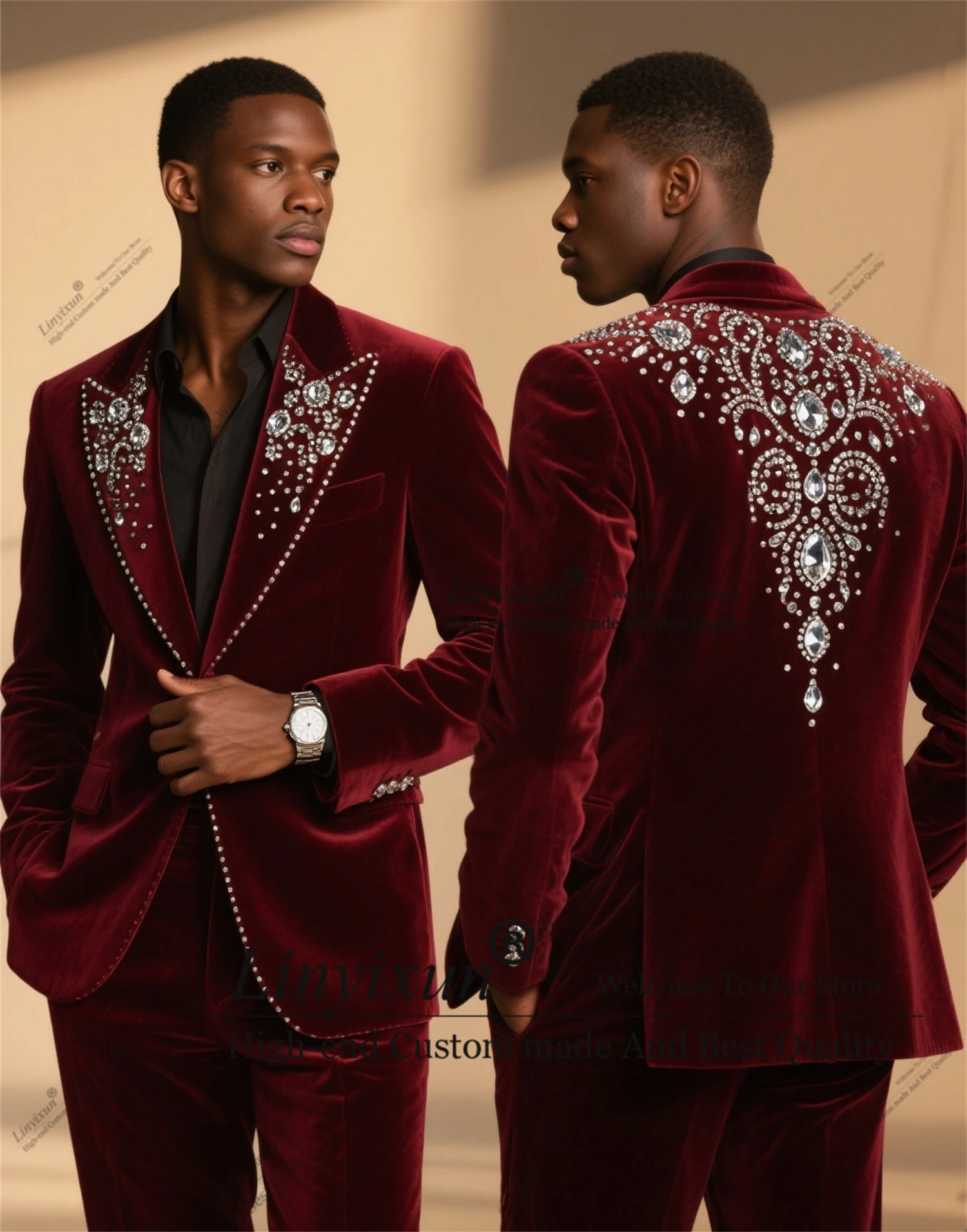 

Elegent Beaded Crystals Men Suits Peaked Lapel Groom Tuxedos 2 Pieces Sets Customized Costume Homme Party Wedding Prom Blazers