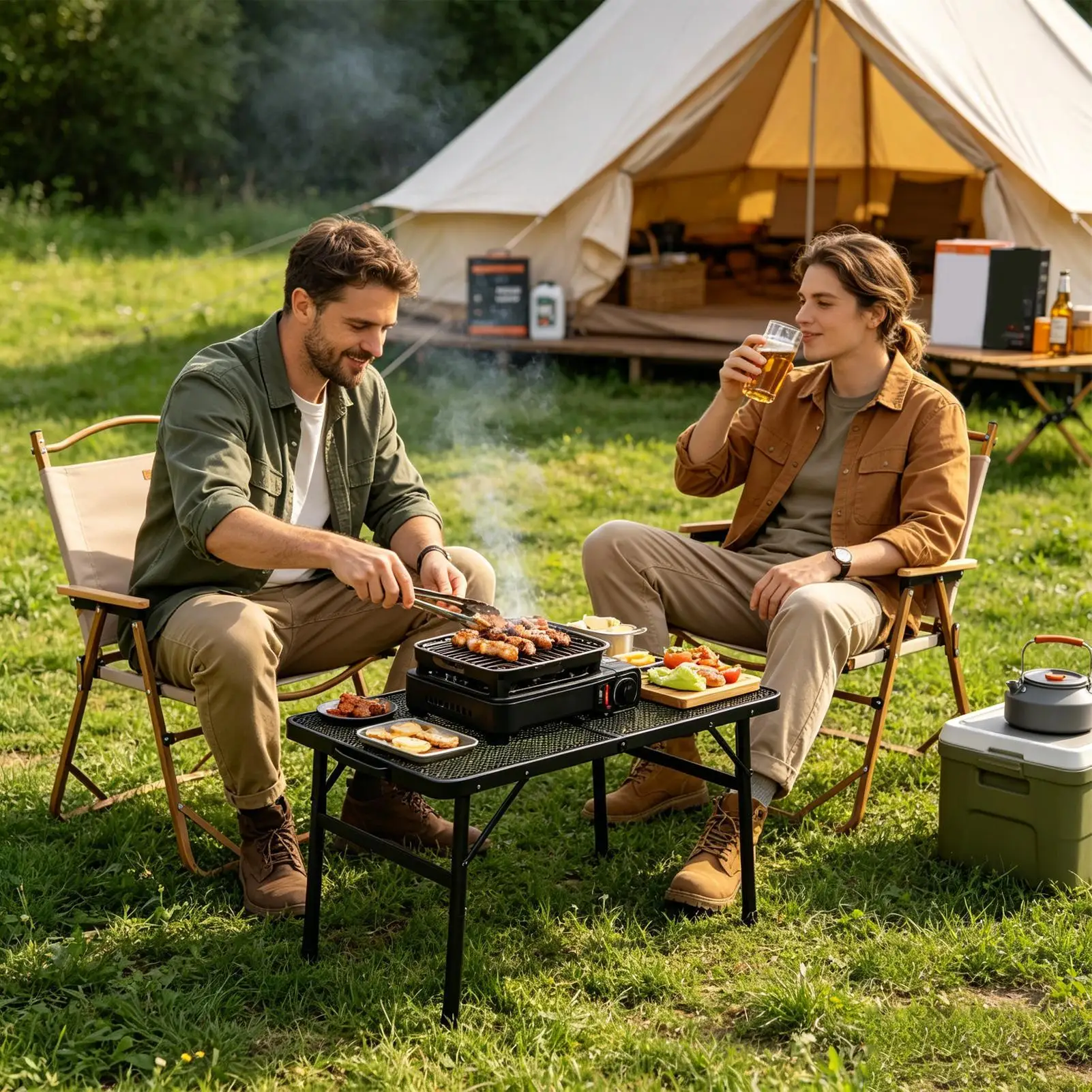 Folding Grill Table Adjustable Height Metal Mesh Furniture Folding Picnic Table With Carry Handle For Travel Garden Patio