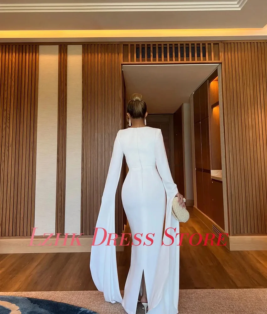 Vestido de noite reto de jérsei clássico personalizado, mangas compridas delicadas, gola redonda, comprimento do tornozelo