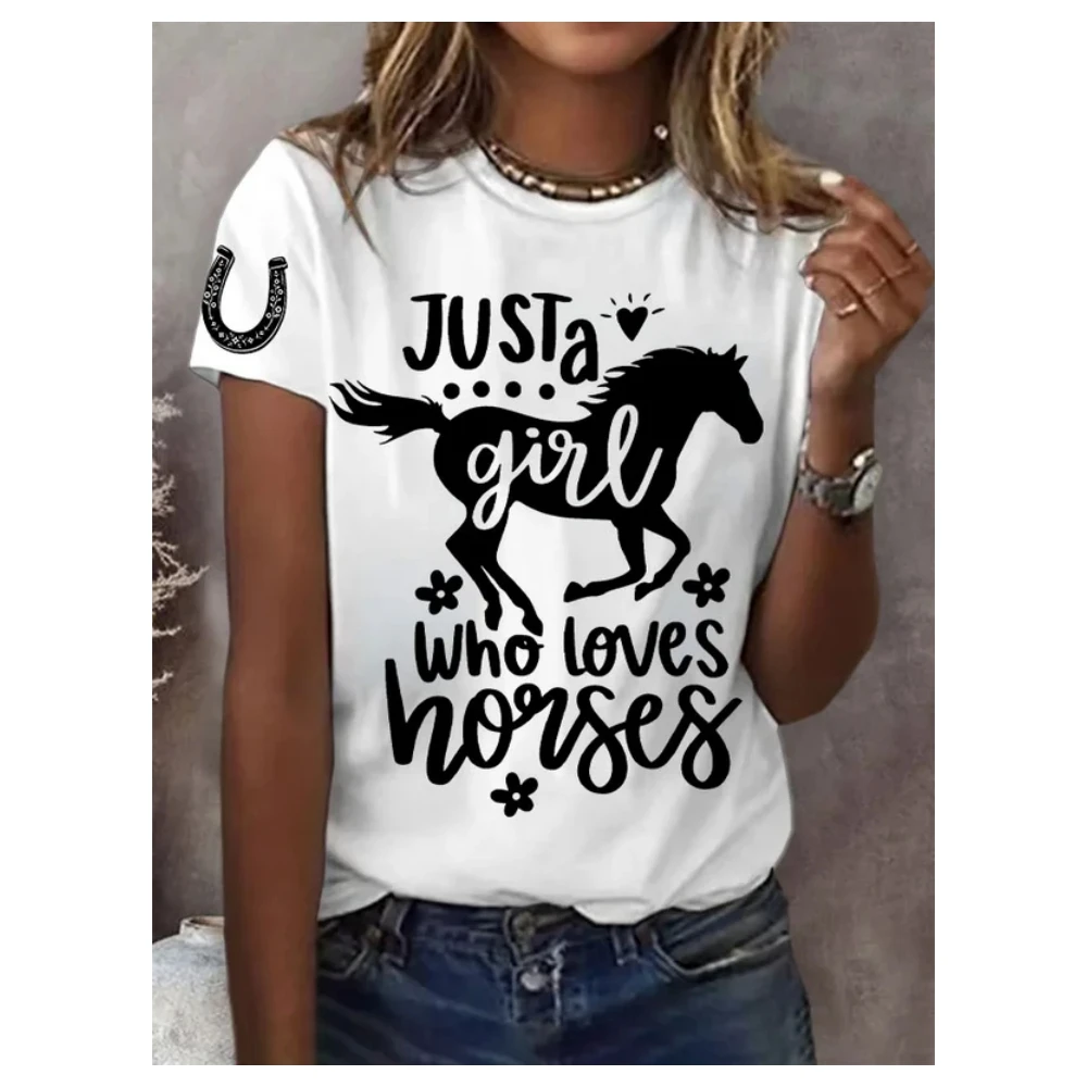 Summer Women's Just A Girl Who Loves Horses Print Round Neck White T-shirt