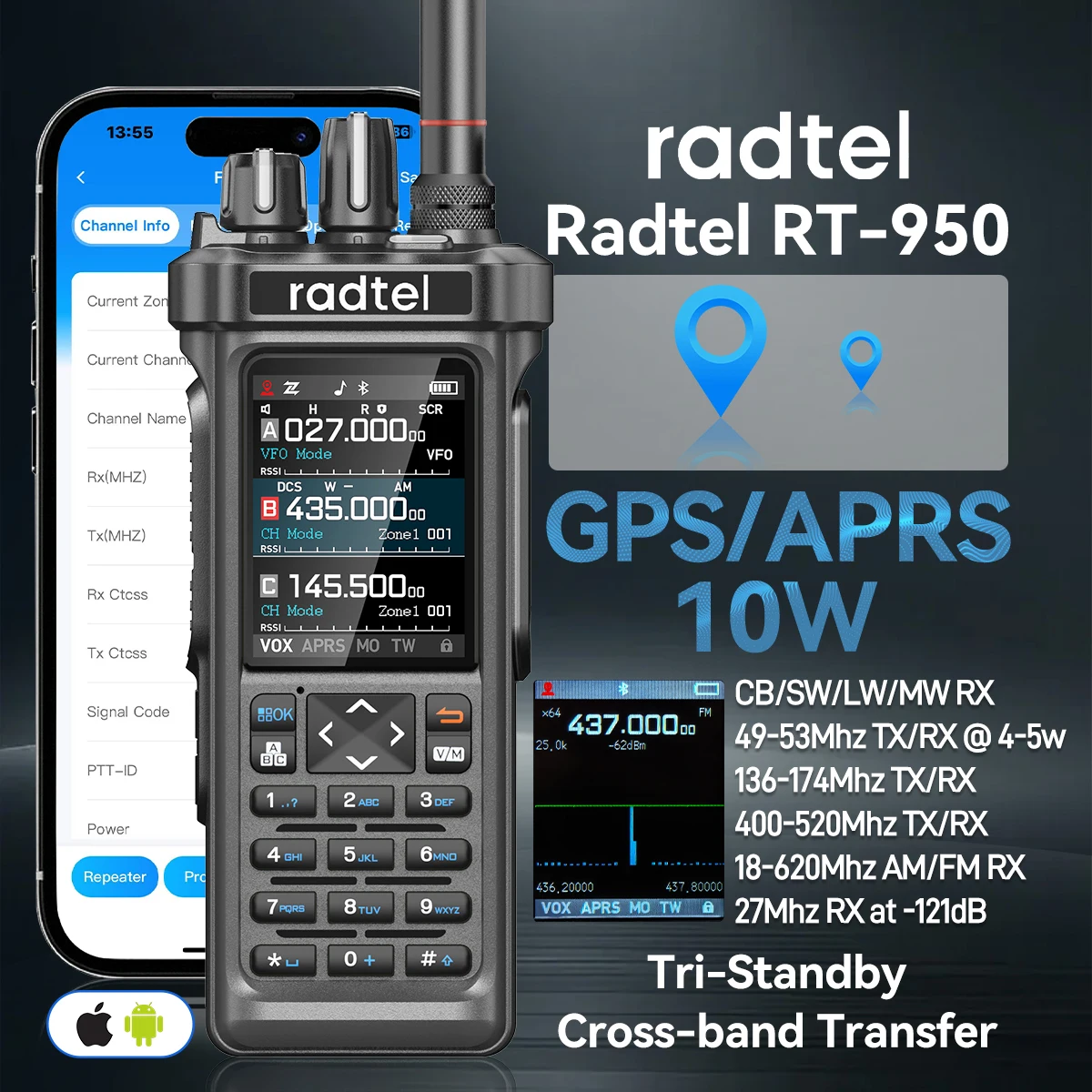 جهاز استقبال Radtel RT-950 GPS APRS جهاز اتصال لاسلكي AM/FM/CB/SW/ML/LW مع برمجة تطبيق هاتف بلوتوث 10 وات 27 ميجا هرتز RX NOAA ناسخة التكرار