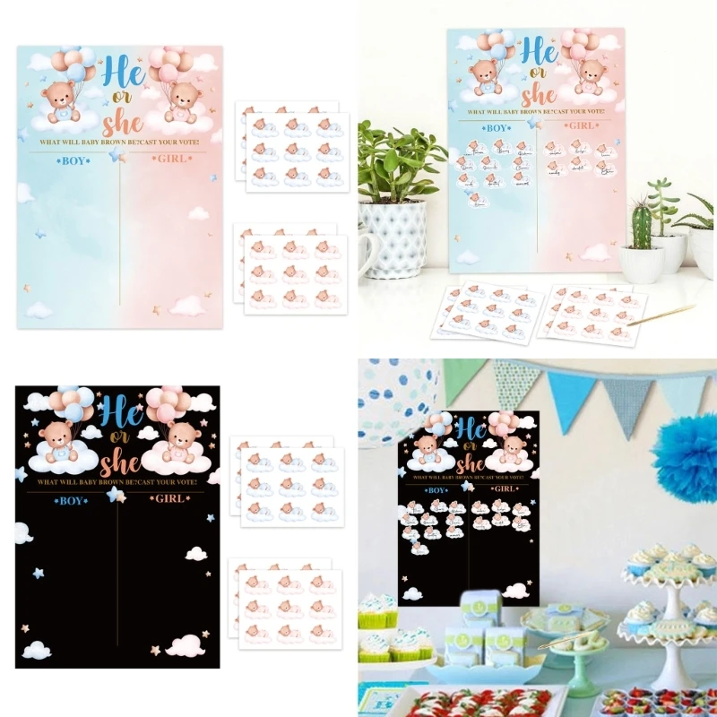 Gender Reveal Party Poster per rivelazione del genere del bambino con 36 adesivi a forma orsetto per ragazzo o ragazza