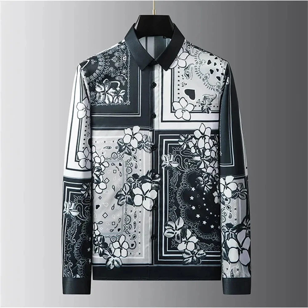 Luxury Printed Vintage Men's Shirts Tight Long Sleeve Shirts For Social Events Men's Advanced Business Casual Plus Size Shirts
