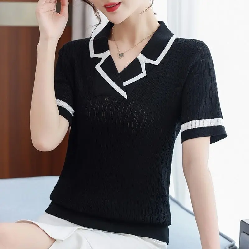 Casual All-match V-Neck Contrast Color T-shirt Summer Women\'s Clothing Slim Fashion Office Lady Short Sleeve Thin Knitted Tops