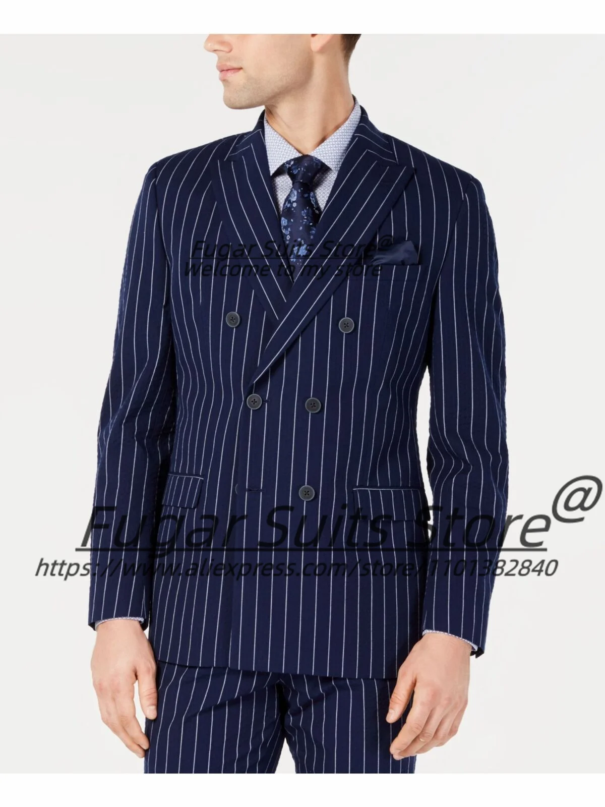 

Business Navy Blue Stripe Men Suits Slim Fit Double Breasted Groom Formal Tuxedos 2Pieces Sets Fashion Male Blazes Costume Homme