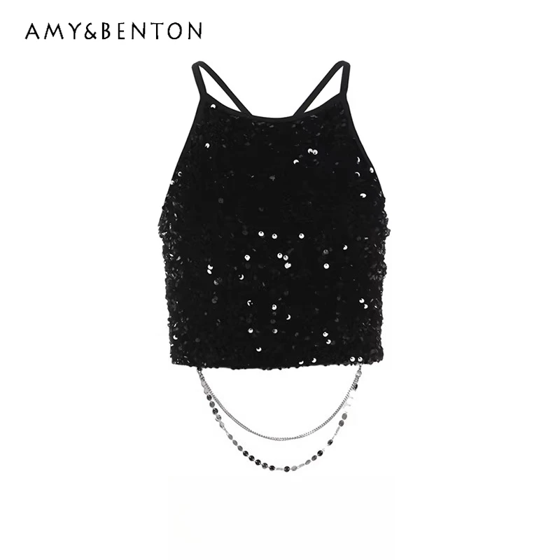 

Новинка лета 2026: Сексуальный универсальный облегающий укороченный черный топ на тонких бретелях с пайетками и цепочками в уличном стиле для модниц