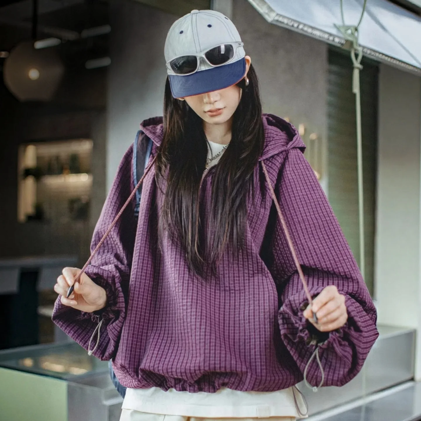 Women's Oversized Half-Zip Hoodie Pullover - Purple Plaid