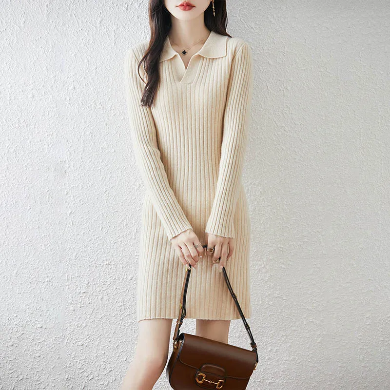 100% Wool Women's Midi Dress, V-Neck Slim Fit Ribbed Solid Color Knitted Dress, Autumn Winter Sexy Slim Woolen Dress
