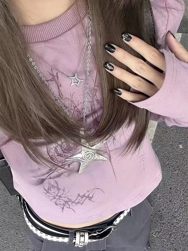 Harajuku magliette grafiche donna Grunge Kpop stampa magliette a maniche lunghe Y2K estetica retrò Casual Crop top 2000s Fairycore