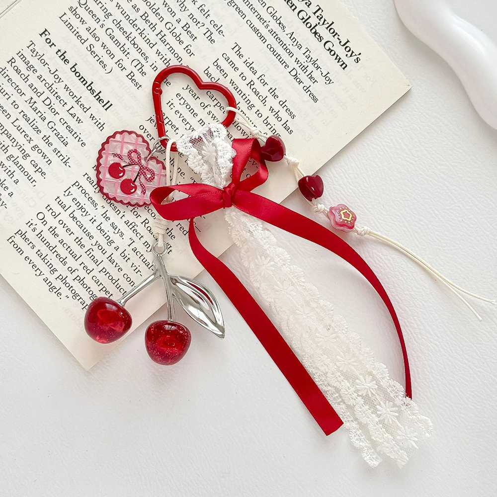cherry keychain lace bow ribbon charm heart hook bag hanging ornament backpack pendant girls bag accessory sweet holiday gift