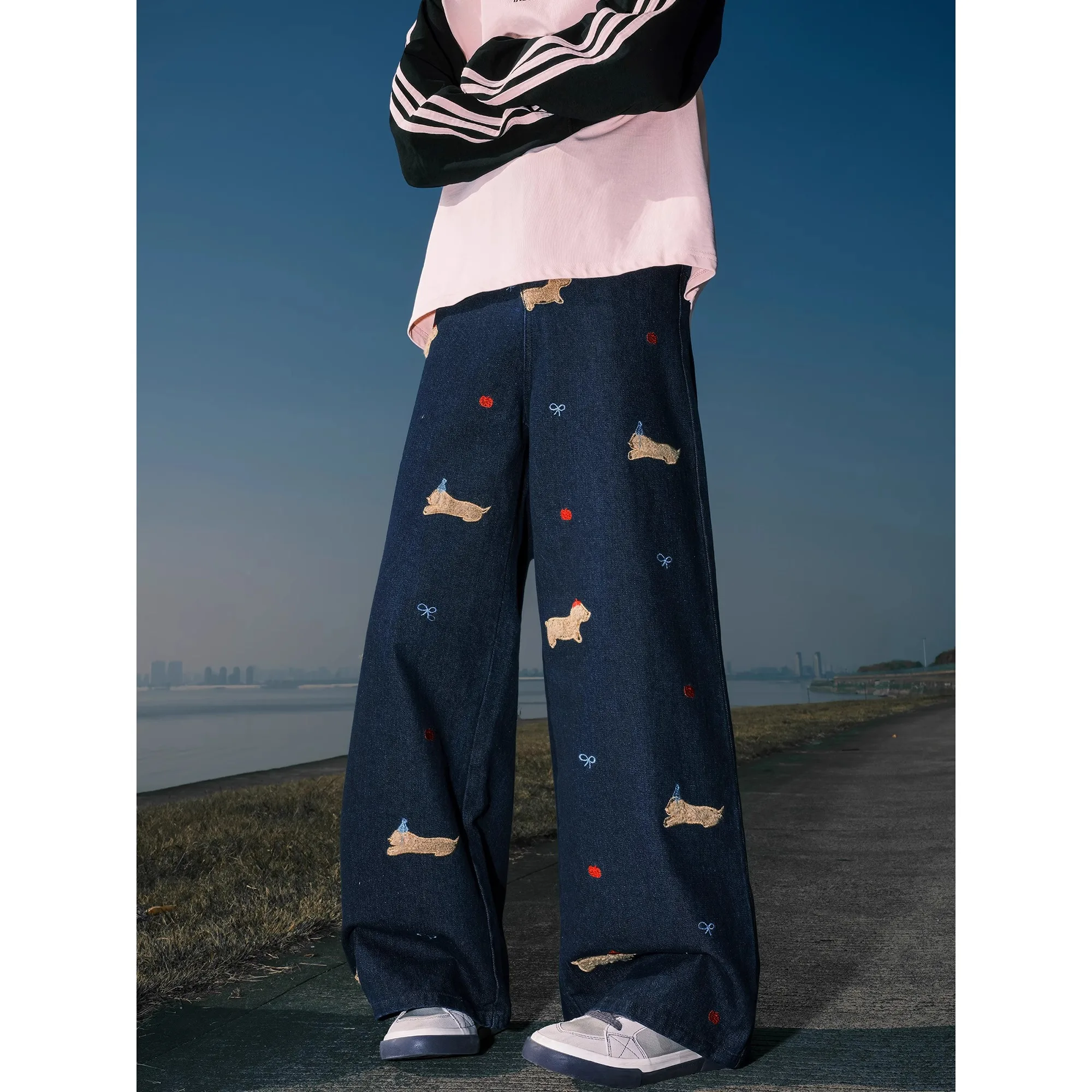 

Мужские летние повседневные брюки-джинсы American Sle с широкими штанинами, прямым кроем, пэчворком и вышивкой, износостойкие, долговечные