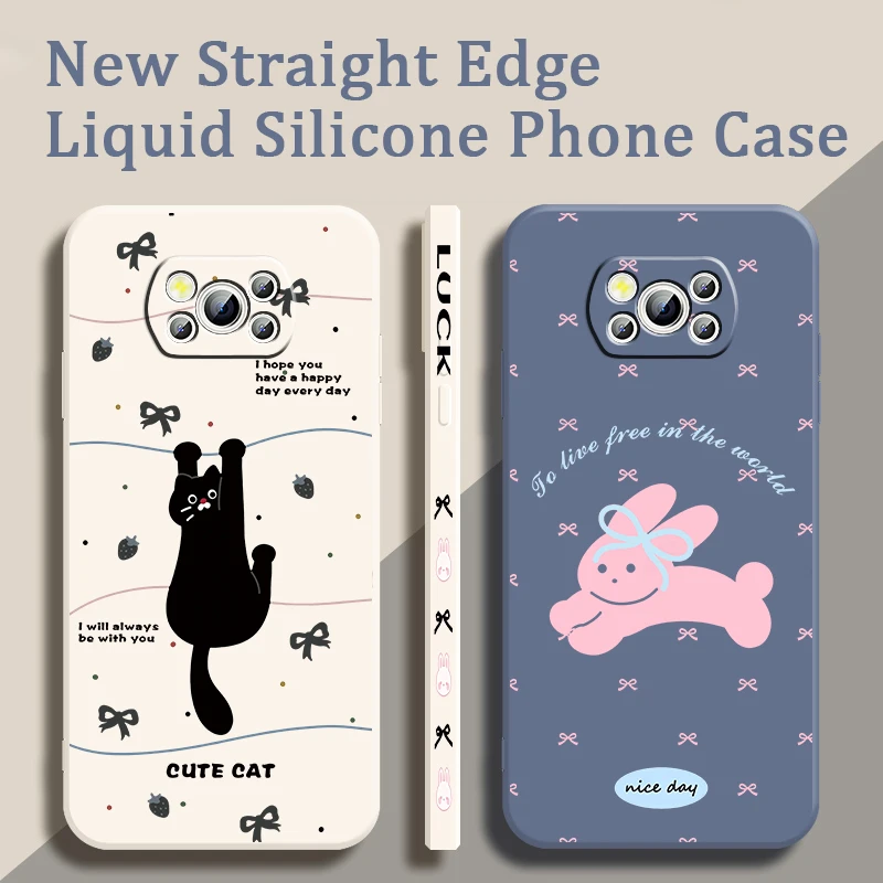 Pattern Rabbit Cat Printing Liquid Left Rope For Xiaomi Mi Poco X6 X5 X4 X3 M6 M5 M5S M4 M3 F5 F4 F3 Pro 5G Cover Phone Case