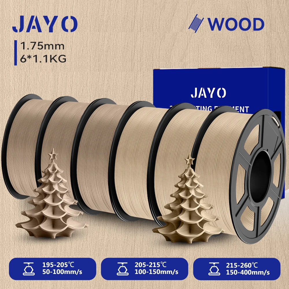 JAYO 6 Rollen 3D-Holz-PLA-Druckerfilament, 1,75 mm, 15 % echte Holzfaser und umweltfreundliches HOLZ, passend für die meisten FDM-3D-Drucker