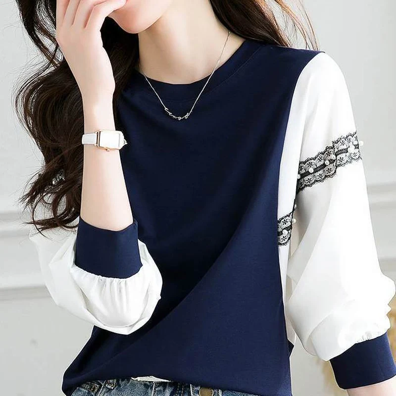 Spring Autumn New Round Neck Long Sleeve Loose T-shirt Women Korean Style Contrast Color Patchwork Fake Two Pieces Pullovers Top