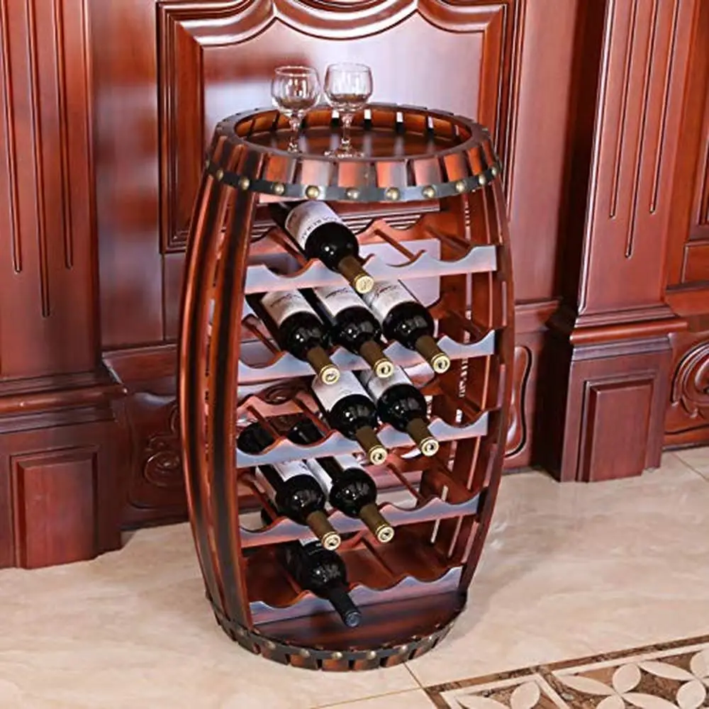 Barrel Design Wooden Wine Rack Holder 23 Bottle Capacity Rustic Style Nail Head Detail Storage Stand Glass Top Shelf Horizontal