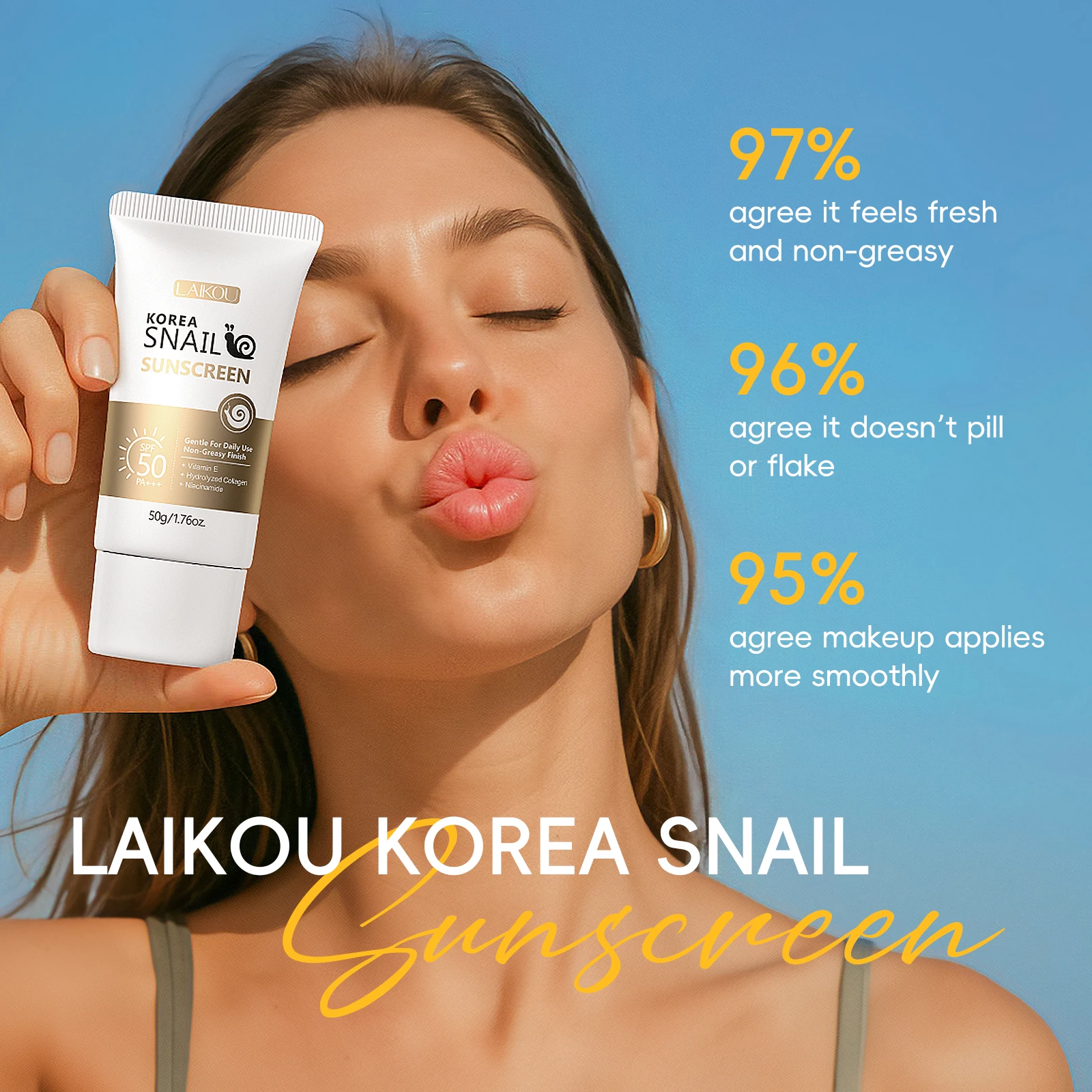 LAIKOU Snail Sunscreen SPF50 PA+++ Moisturizing Age Defense Korean Beauty Product 50g