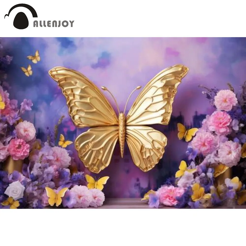 

Allenjoy Gold Butterfly Purple Pink Flower Decor Photography Backdrop Romantic Purple Background for Portrait Photoshoot