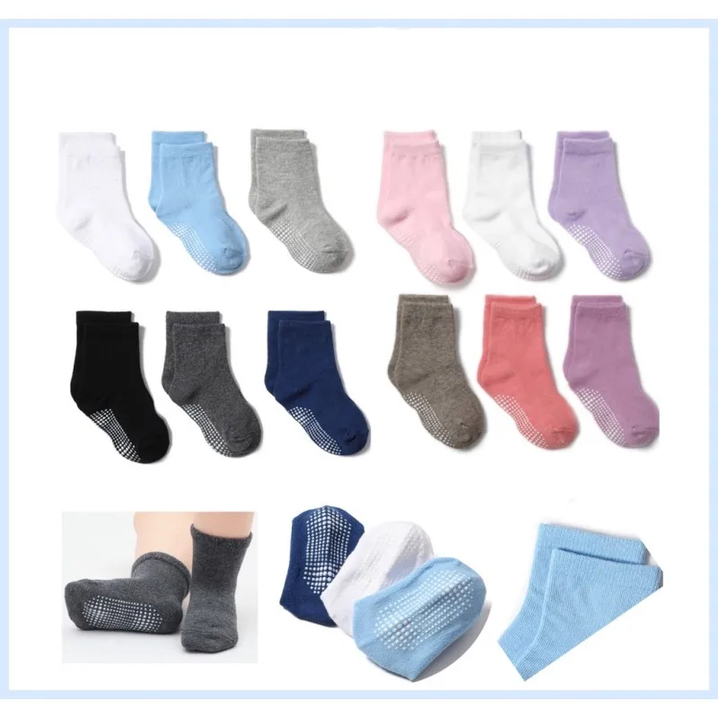 6 Pairs 0 to 6 Y Cotton Children's Anti-slip Boat Socks For Boys Girl Low Cut Floor Kid Sock With Rubber Grips Four Season