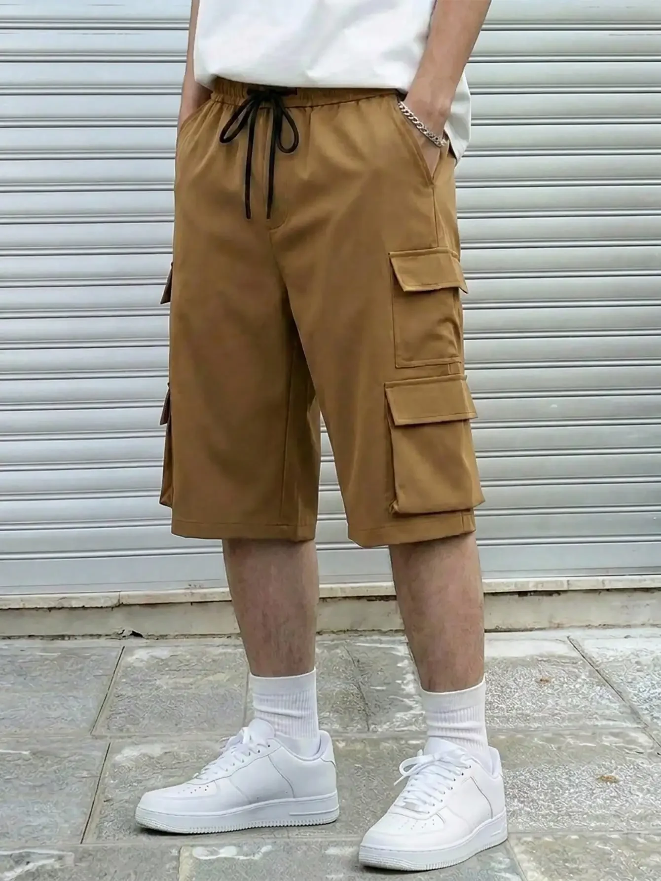 

Мужские однотонные свободные шорты-карго с завязками на талии, повседневные