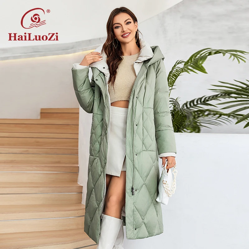 HaiLuoZi-Manteau en duvet pour femme avec poche inclinée et ceinture, parkas chaudes légères, veste matelassurera à capuche, hiver, nouveau, 2023,