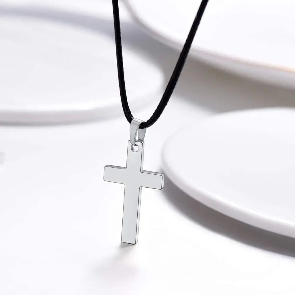 ChainsPro Stainless Steel Pendant Necklace for Men Women Cool Punk Cross Necklace Black Leather Cord CP737