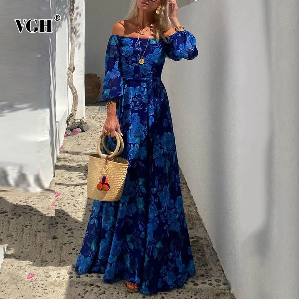 

VGH Slimming Vintage Printing Elegant Dresses For Women Slash Neck Off The Shoulder Sleeve High Waist Draped Casual Dress Female