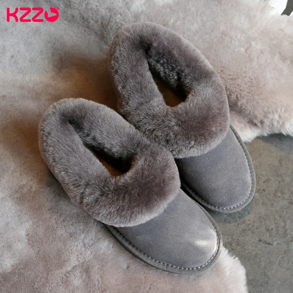 KZZO Fashion Genuine Leather Winter Ankle Snow Boots Women Australia Natural Wool Fur Lined Casual Short Warm Shoes Non-slip