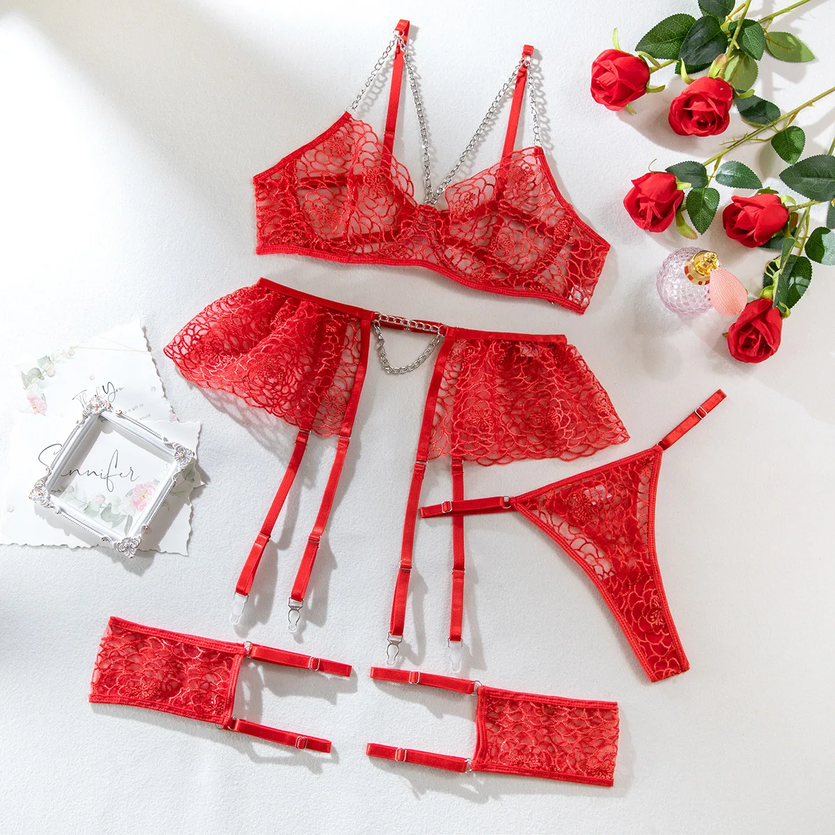 Krasapt Floral Embroidered Metal Chain Sexy Lingerie Set With Leg Ring Female Underwear Cut Out Bra & Brief Garter Exotic Sets