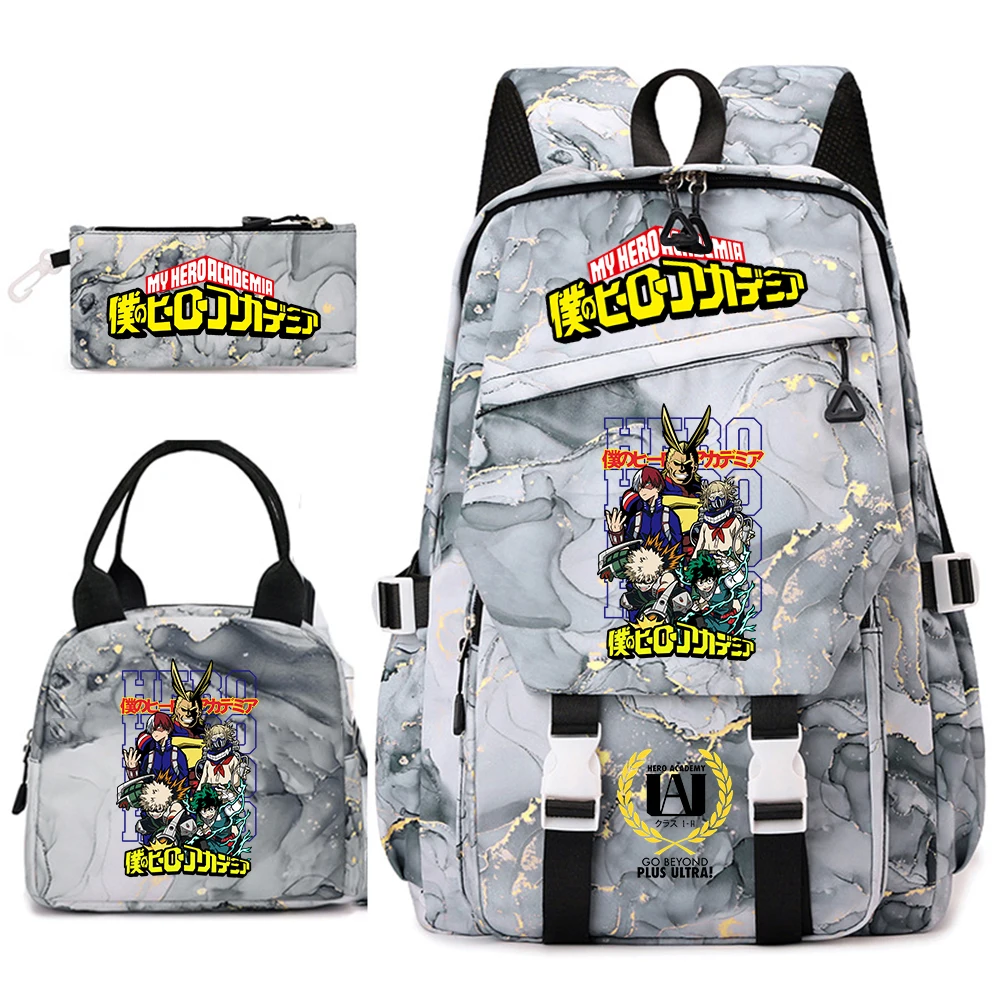 僕のヒーローアカデミア-アニメプリント-スクールバックパックセット-女の子用-カジュアル-軽量-学生用ブックバッグ-ランチバッグ-ペンシルケース付き