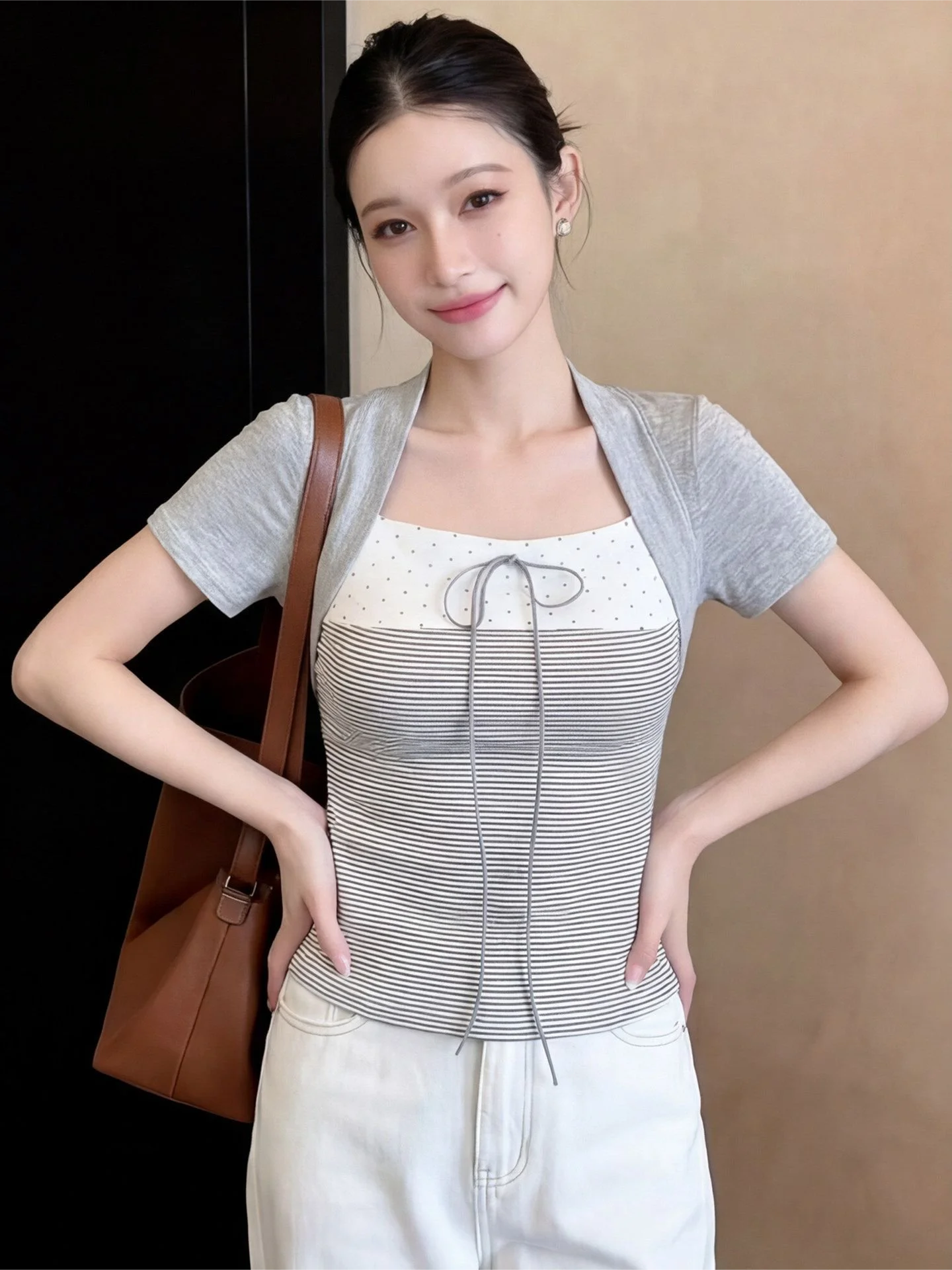 Retro American Hot Girl  Knot Short Sleeve Slim Fit T-Shirt Women's Summer New Style Casual Breathable Skin-friendly