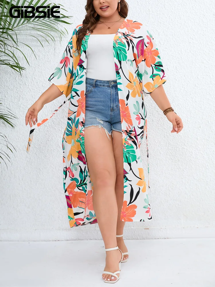 GIBSIE Plus Size Cardigan Kimono da spiaggia con stampa Casual con cintura vacanza tunica allentata bohémien donna Beachwear Cardigan lungo estivo