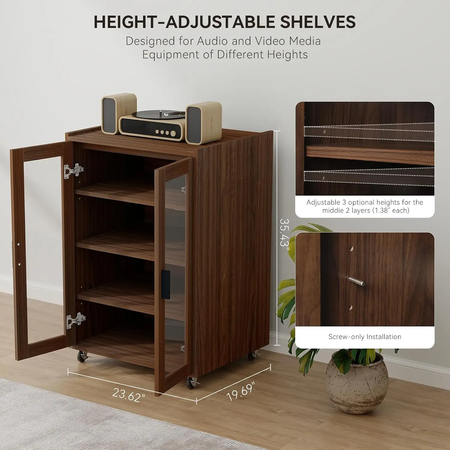 Brown Media Cabinet 4 Shelves & Wheels 5 Tier Record Player Stand Glass Door Stereo CD Rack Living Room, Customized