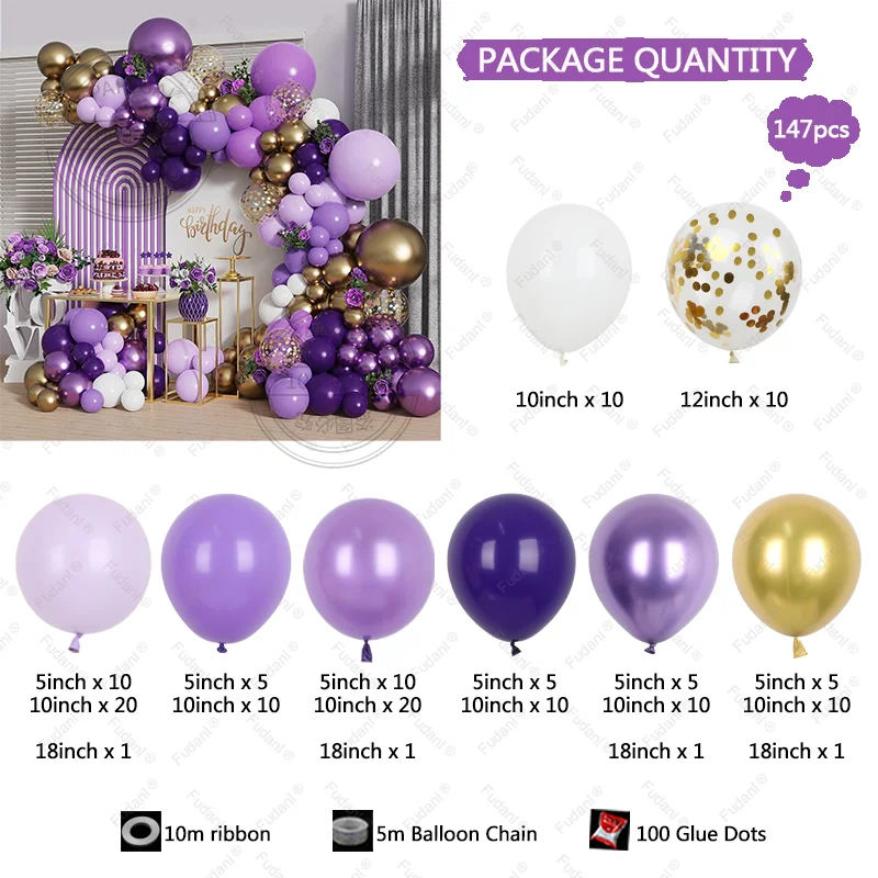 147Pcs Purple Gold Arch Set Latex Balloon Suitable for Baby Shower Childer Birthday Party Gender Disclosure Background Decor