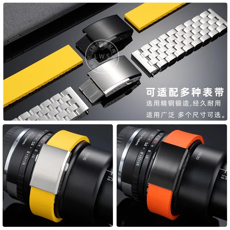 シルバーブラック時計バックルブライトリング時計アクセサリー付きバックルステンレス鋼折りたたみバックルダブルバックル 16/18/20 ミリメートル