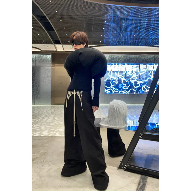 Ro Dark Embroidery Wide Legs Pants Men's Slogan Workwear Silhouette Low Crotch Loose Casual Floor Mopping Flared Long Pants