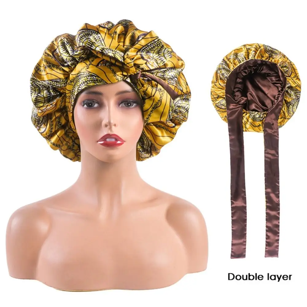 Fashion Adjustable Satin Sleep Cap Double-layer Elastic Hair Cap Stretchy Tie Band Headwear Silk Hair Wrap Sleeping