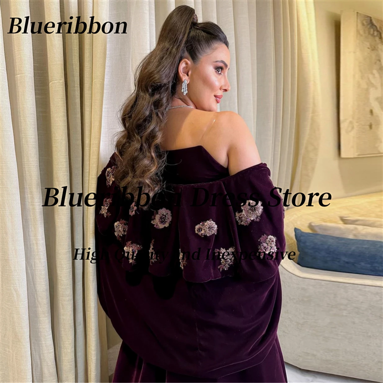 Blueribbon-فساتين A Line من القطيفة الناعمة للنساء ، الحفلات المسائية ، مزينة بالخرز على شكل قلب ، فستان حفلة موسيقية ، دبي ، فساتين أعياد الميلاد