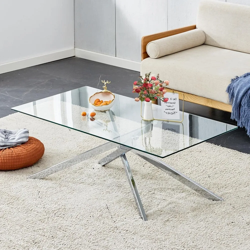 

Silver Glass Coffee Table for Living Room, Modern Transparent Tempered Glass Top Rectangle & Chrome Metal Leg, Sofa Center Cockt
