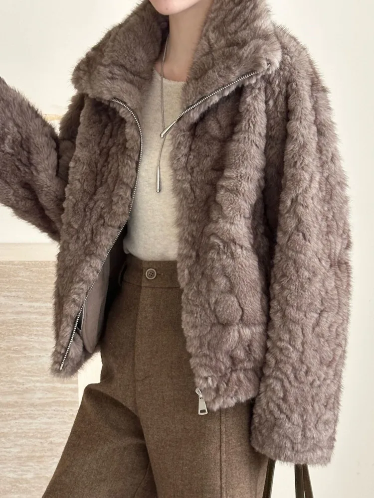 سترة نسائية دافئة من الفرو الصناعي من ZMEENNA معطف شتوي خارجي غير رسمي بياقة عالية وسحاب علوي تصميم فضفاض مناسب موضة ZM4545 #3